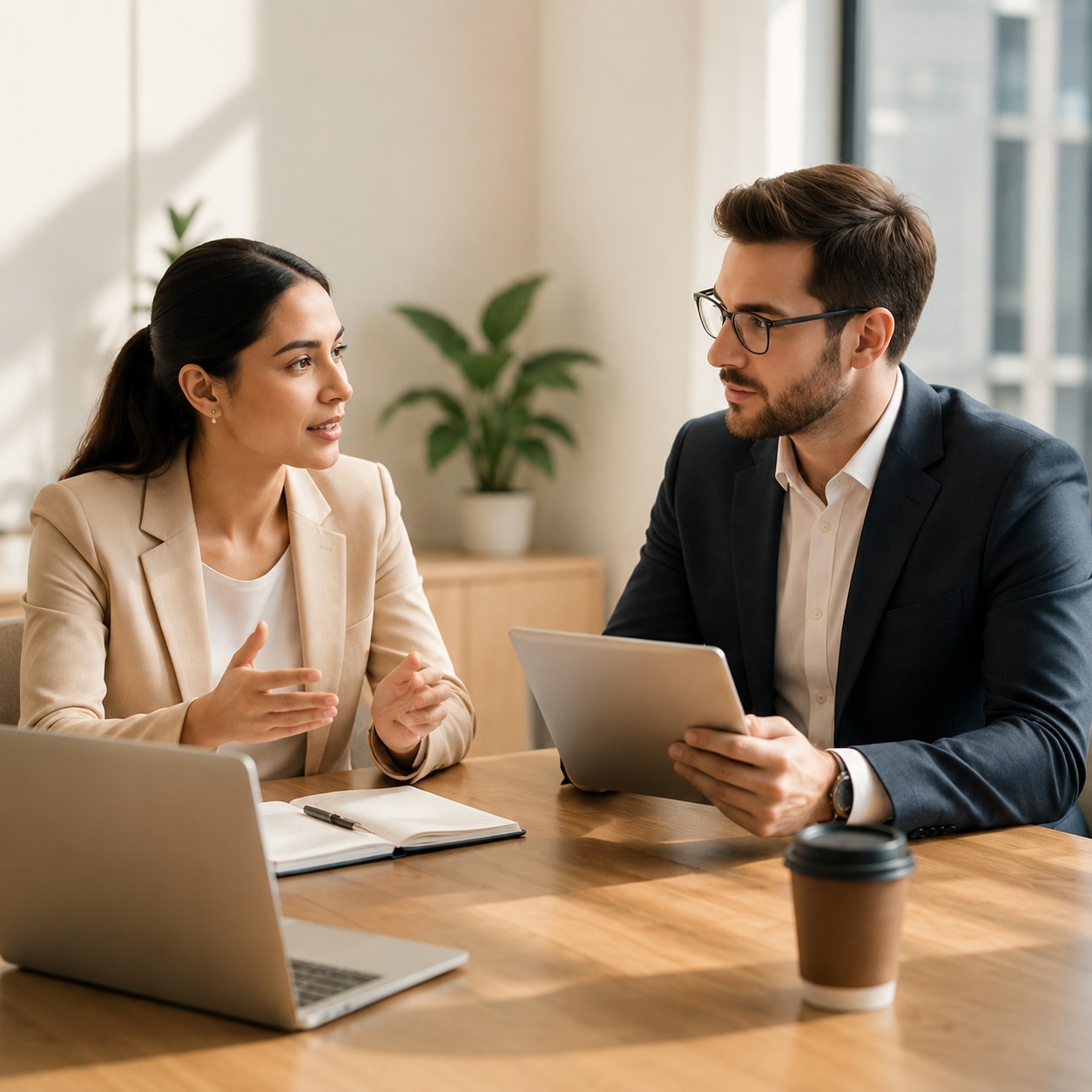Two professionals in conversation across a meeting table