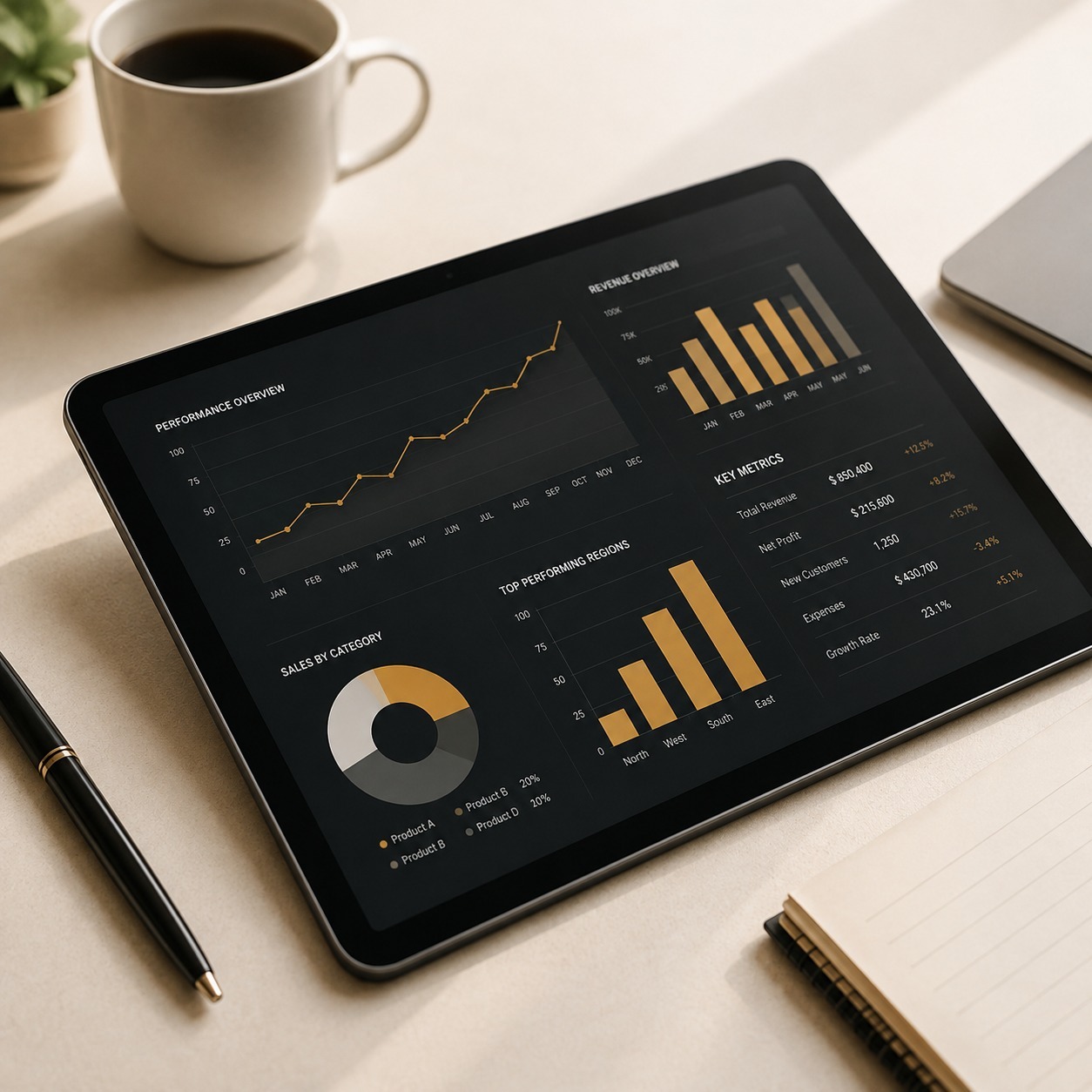 Printed business performance charts on a desk