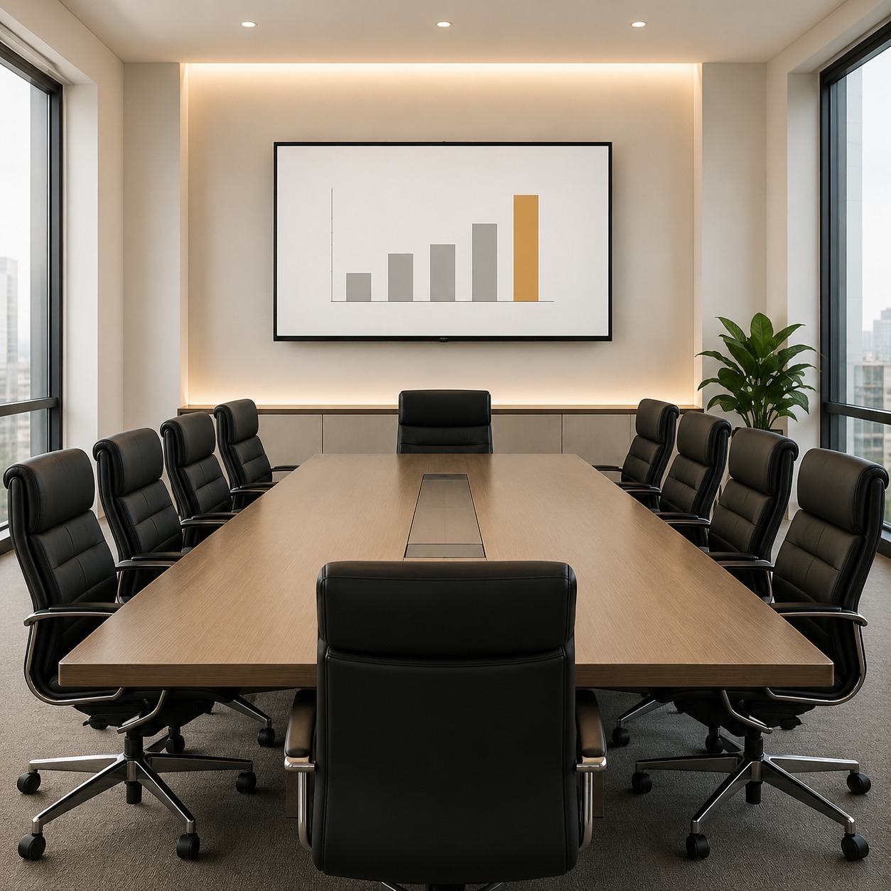 An empty boardroom in warm daylight
